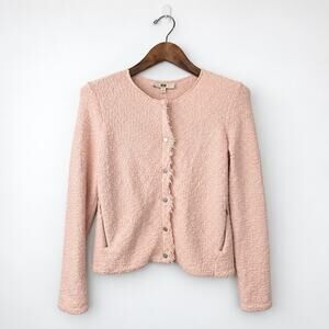 Etcetera Pink Boucle Jacket S Fringe Snap Cotton Blend Cropped Zip Pockets